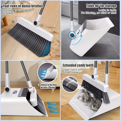 Broom and Dustpan Set, 2Pcs Long Handle (38.2"*9.8") Upright Standing Broom with Dustpan Teeth Self Cleaning, Blue & Yellow Stainless Steel, for Home Kitchen Office Floor Cleaning