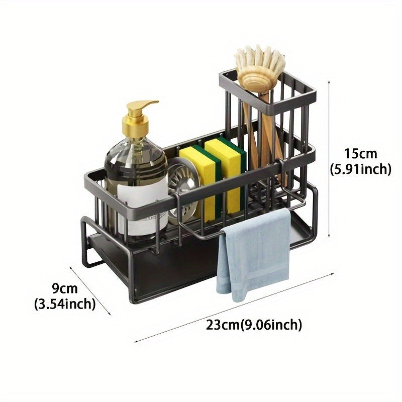 Multi functional metal kitchen sink storage rack with detachable brush holder - self draining storage rack for sponges, scrubbers, and detergent bottles, including cloth hanging trough, sponge and towel rack | Modern kitchen accessories