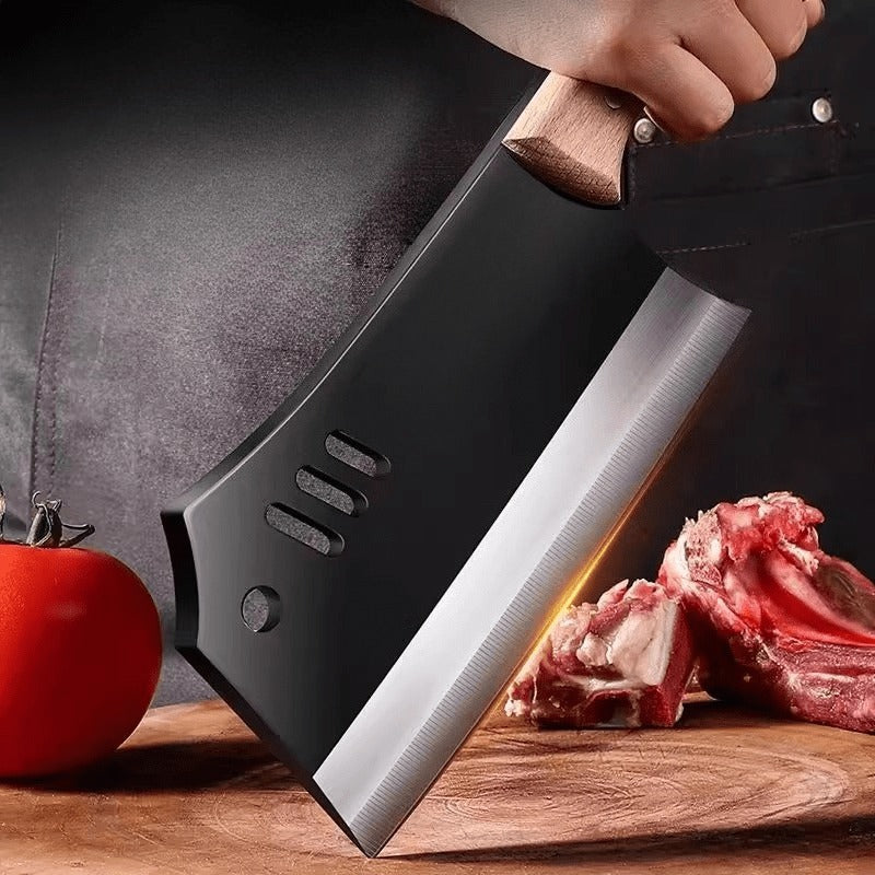 Meat Cleaver Knife, Heavy Duty Dual-Purpose Bone Chopping & Slicing Cleaver with Non-Stick Slots, Ultra Sharp Black Stainless Steel & Solid Wooden Handle, for Kitchen Butchering Meat Cutting Home Restaurant Chefs