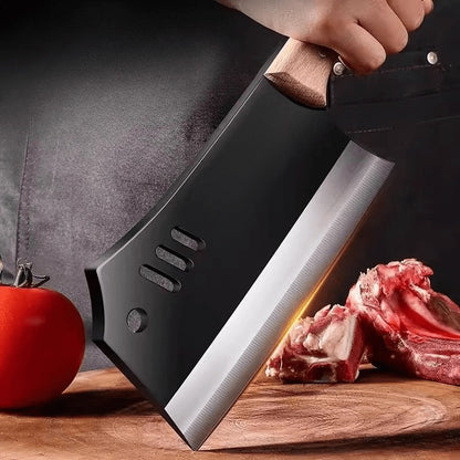 Meat Cleaver Knife, Heavy Duty Dual-Purpose Bone Chopping & Slicing Cleaver with Non-Stick Slots, Ultra Sharp Black Stainless Steel & Solid Wooden Handle, for Kitchen Butchering Meat Cutting Home Restaurant Chefs