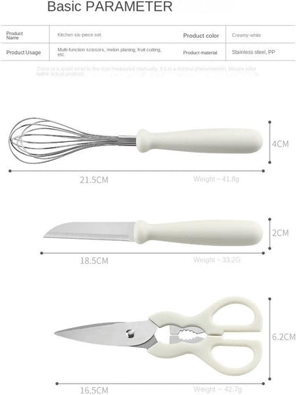Multi Functional Kitchen Small Tool Set, 6-piece Set with Storage Stand, Fruit Food Tool Combination Set(Includes scissors, paring knife, bottle opener, grater, blender, storage base)