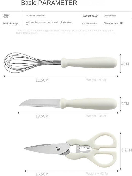 Multi Functional Kitchen Small Tool Set, 6-piece Set with Storage Stand, Fruit Food Tool Combination Set(Includes scissors, paring knife, bottle opener, grater, blender, storage base)