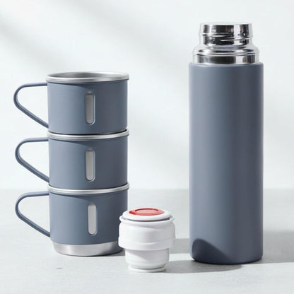 Flask Gift Set, Stainless Steel Insulated Water Bottle w/ 3 Cups, Hot & Cold Drinks Coffee Thermo Water Bottle, Reusable Thermal Cup for Outdoor Camping Travel, Termos para Agua Fria, 17oz