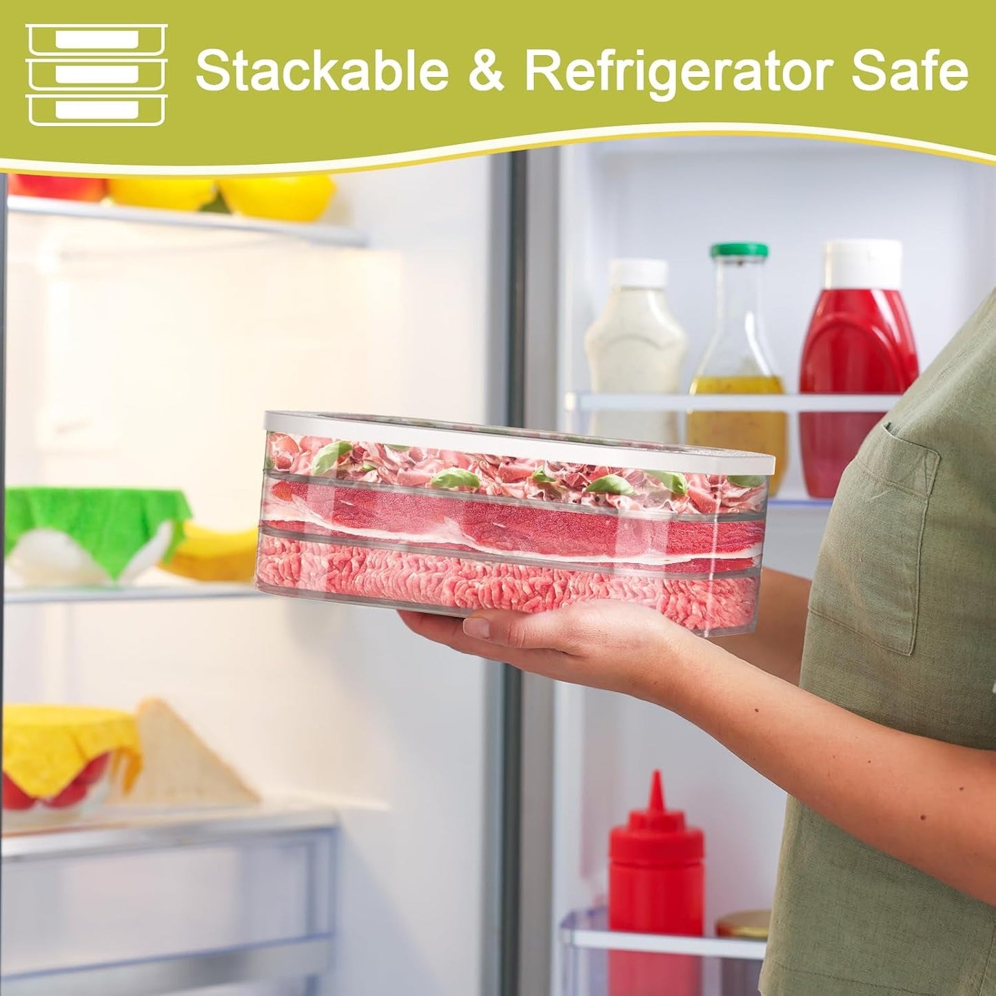 3 Layer Stackable Deli Meat Container with Drainage Groove and Silicone Lid, Clear Refrigerator Storage Containers for Lunch Meats, Cold Cuts, Bacon, Cheese.
