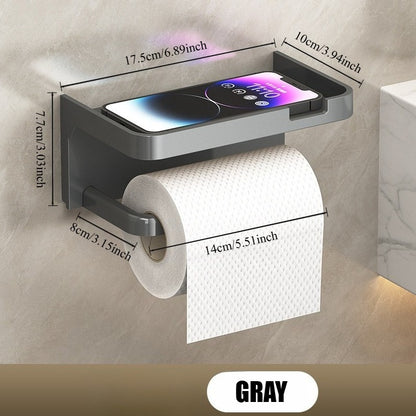 Toilet Paper Holder with Phone Shelf, Self-Adhesive or Screw-in Toilet Tissue Roll Holder Wall Mount, Rustproof & Multifunctional Bathroom Toilet Paper Holder Storage Dispenser