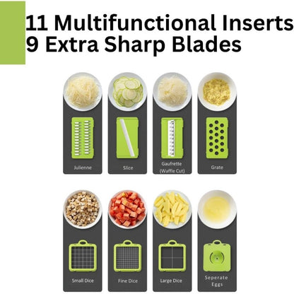 Vegetable Chopper, 16-in-1 Vegetable Dicer with Stainless Steel Chopping Board Top Panel & 4 Storage Drawers Hand Guard Peeler, Grey Green Stainless Steel, for Onion Garlic Salad Prep Home Kitchen