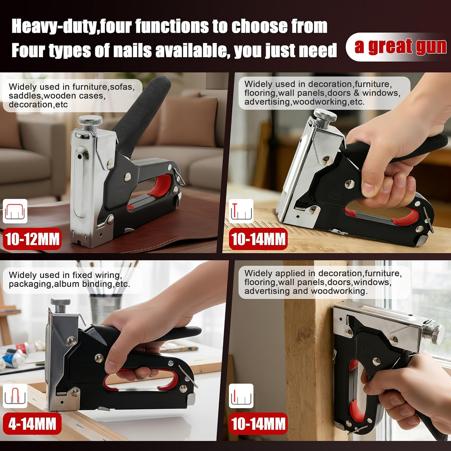 4-in-1 Adjustable Staple Gun,Manual Nailer with 800 Counts Staples,Upholstery Stapler Nail Gun for Fixing Material,Decoration,Carpentry,Furniture,Doors and Windows