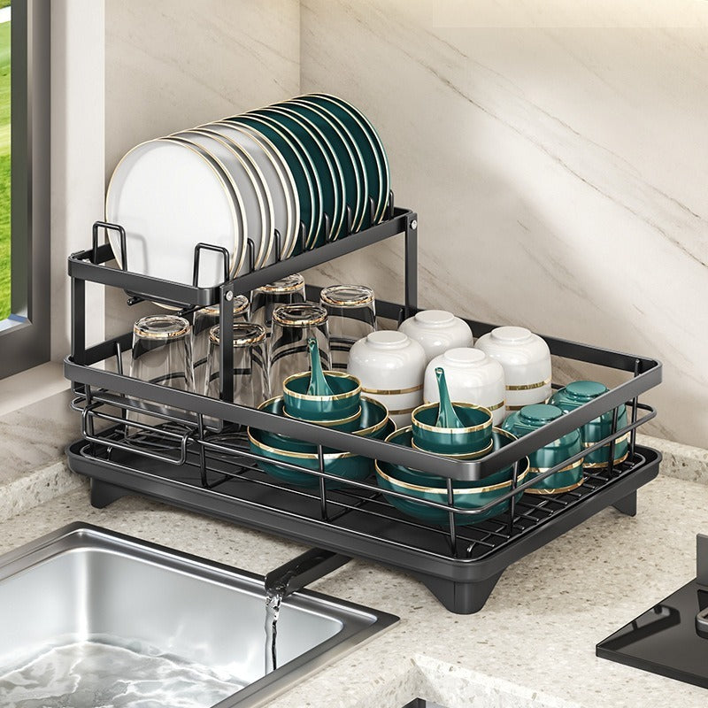 Black Carbon Steel Dish Drying Rack with Drainboard, Kitchen Dish Rack Carbon Steel Kitchen Drying Rack, Dish Racks for Kitchen Counter with Utensil Holder Cup Holders Cutting (Double Layer)