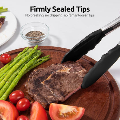 3PCS Kitchen Tongs with Silicone Tips for Cooking Serving 7, 9, 12 Inch, Heavy Duty Stainless Steel Locking Tong for BBQ, Grilling Steak, Salad, Toast, Pasta