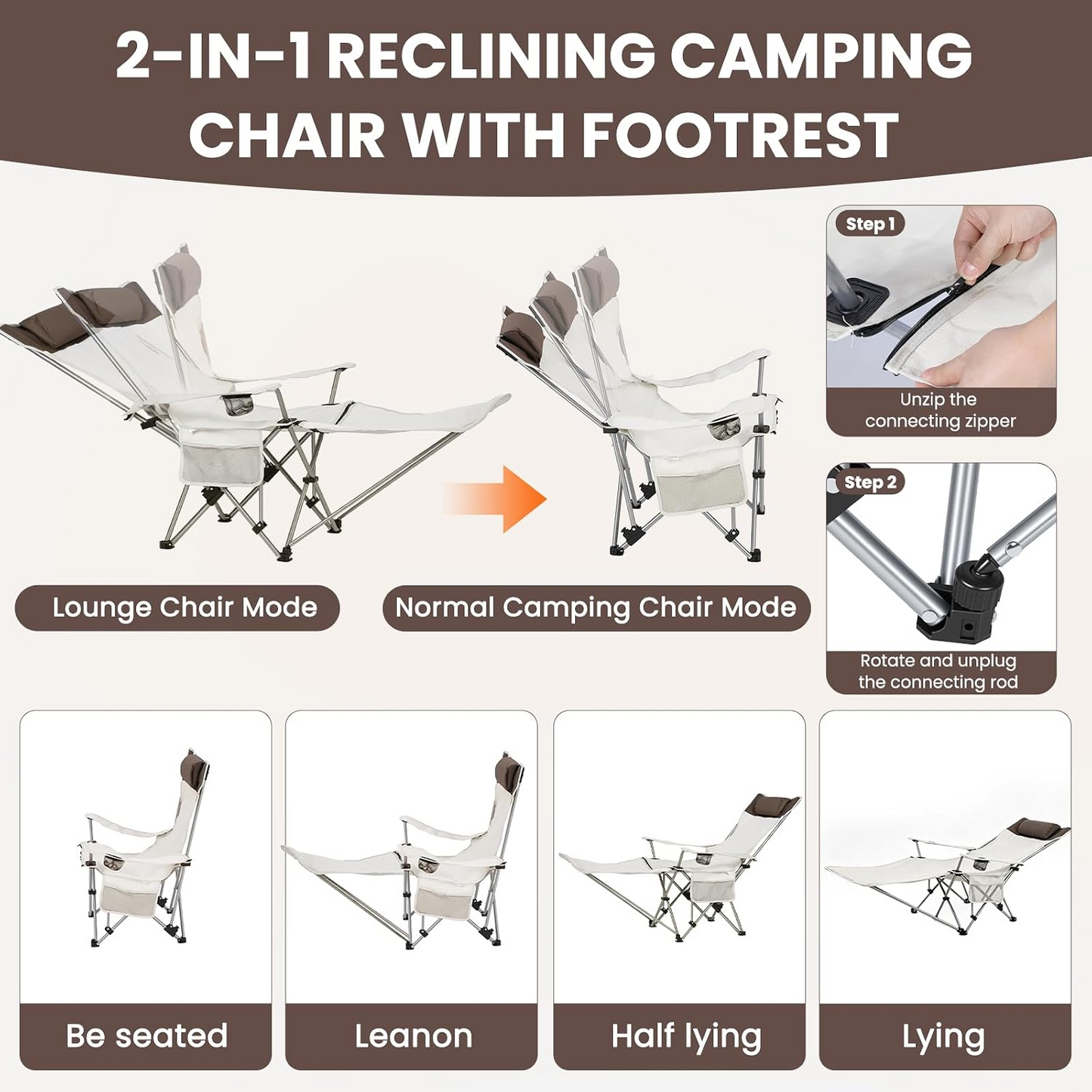 Reclining Camping Chair with Foot Rest & Headrest – 4-Position Adjustable Recline Folding Lounge Beach Chair Lightweight Portable Recliner for Adults, Ideal for Outdoor Travel, Patio, Picnic Beige