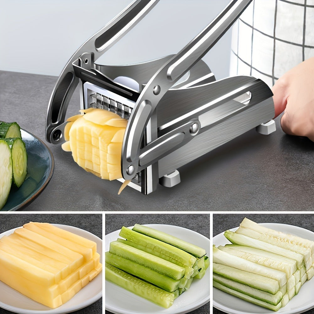 French Fry Cutter Potato Chipper, with 2 Interchangeable Blades & Non-Slip Feet Heavy Duty Lever, Silver Stainless Steel, for Home Kitchen Restaurant French Fries Chips