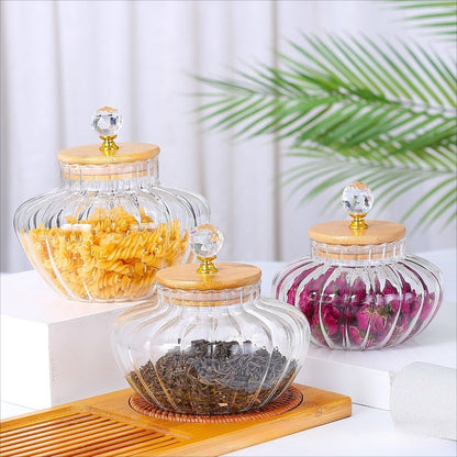 24 OZ Glass Cookie Jars with Lids Decorative Coffee Candy Canisters Halloween Pumpkin Shaped Food Storage Jar with Bamboo Lids Kitchen Jars for Nuts Spice Beans Tea Snack