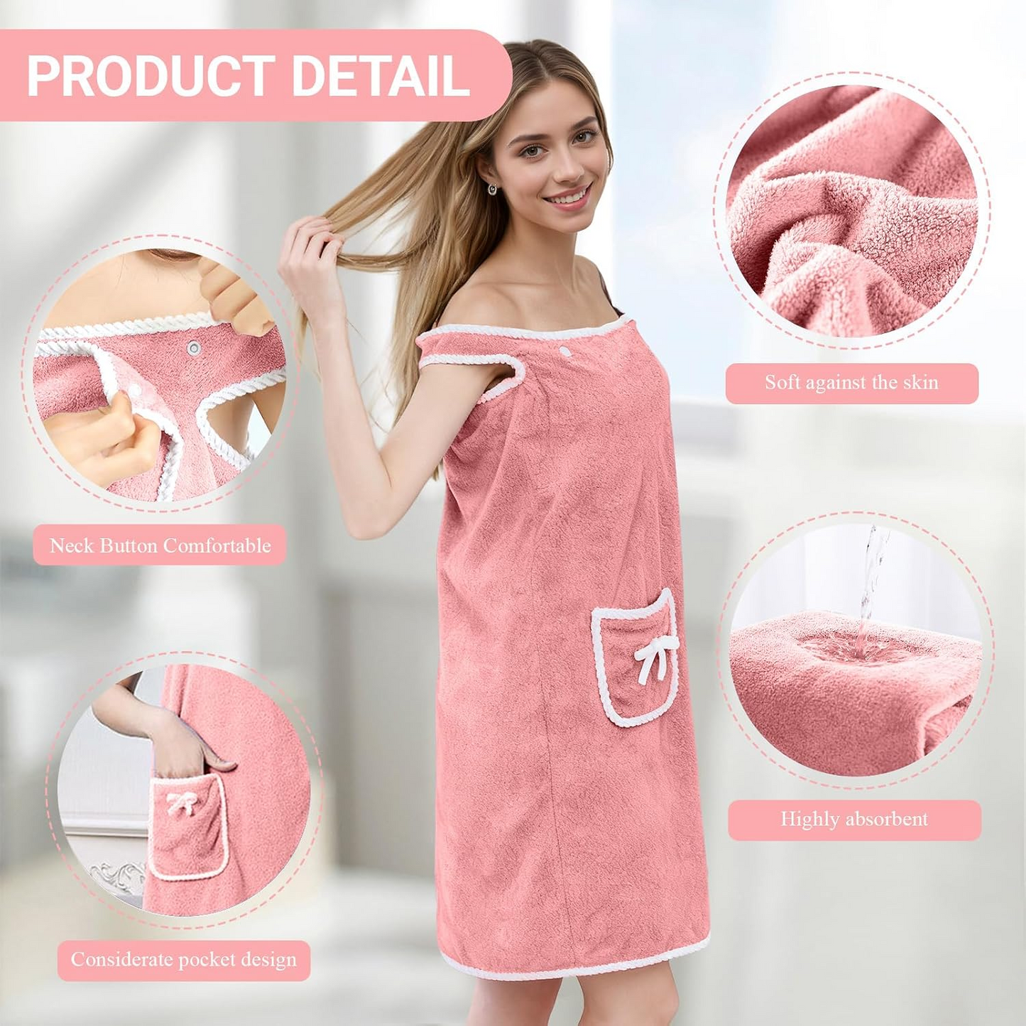 Bathrobes Wearable Quick-Dry Shower Wrap for Women Soft Absorbent Towel Dress with Pocket Adjustable Spa Bathrobe Travel-Friendly Bath Wrap