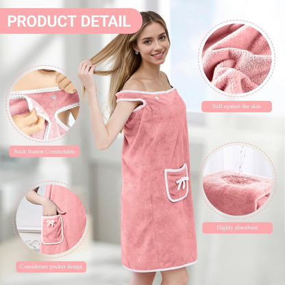 Bathrobes Wearable Quick-Dry Shower Wrap for Women Soft Absorbent Towel Dress with Pocket Adjustable Spa Bathrobe Travel-Friendly Bath Wrap
