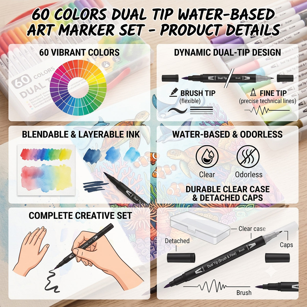 Watercolour Brush Pens Art Markers, 60 Colours Dual Tip (Brush & Fine Tip) Set with Carry Case Non-Toxic Water-Based, 60 Colours Plastic Pens, for Adult Colouring Books Calligraphy Scrapbooking Drawing Beginners