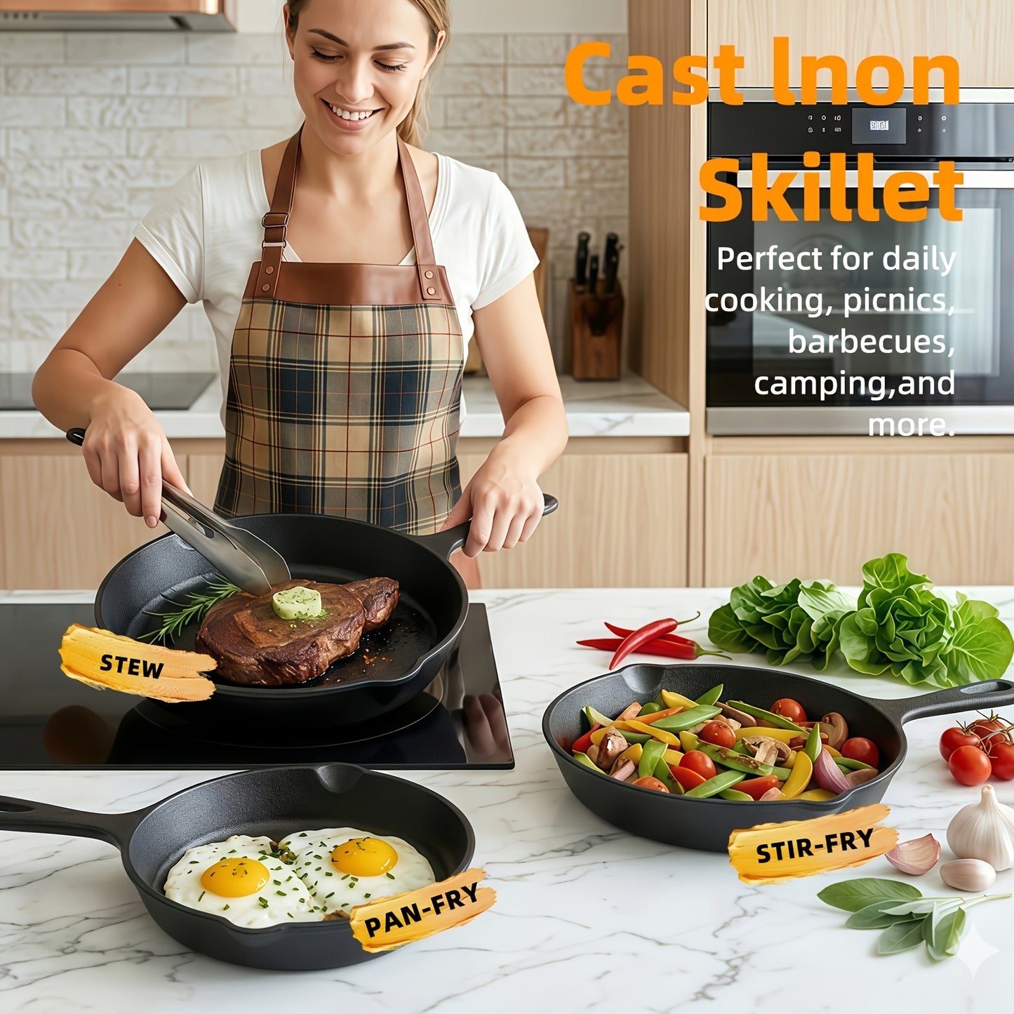 Premium Cast Iron Skillet Set - Non-Stick Frying Pans with Draining Spout, Perfect for Holiday Cooking, RV Use, and Campfire Dining