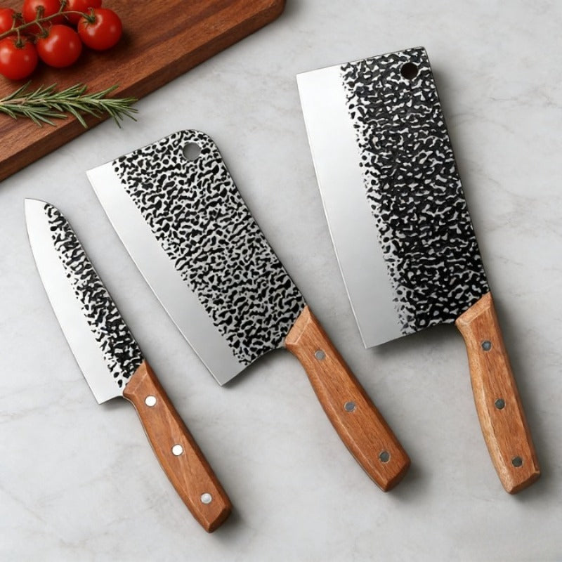 3PCS Butcher Knife and Kitchen Knife Set | Hand Forged Heavy Duty Meat Cleaver, Stainless Steel, Meat Knife, Geat for Home, Camping, BBQ