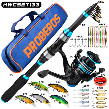 This 1.5-2.4m carbon fiber telescopic fishing set includes 12 minnows, soft bait, sinker, hook, and a camouflage backpack.