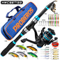 This 1.5-2.4m carbon fiber telescopic fishing set includes 12 minnows, soft bait, sinker, hook, and a camouflage backpack.