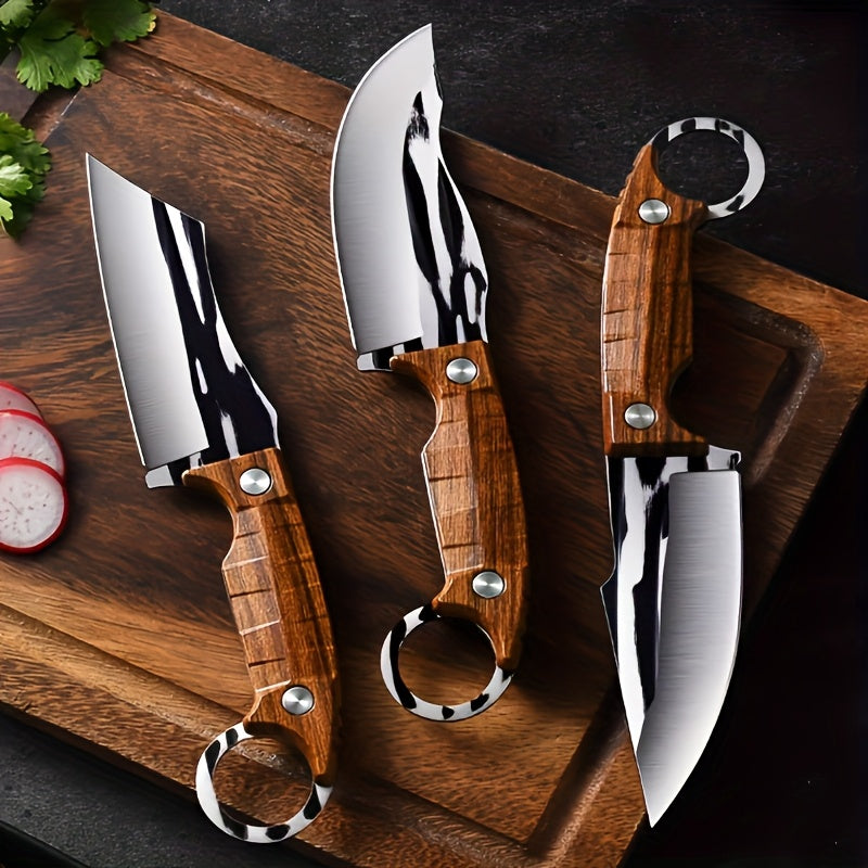 3-piece multifunctional boning knife set, specialized cutting tools, Japanese stainless steel cooking knives, ultra-sharp knives, chef's knives with sheaths, skinning knives for kitchens and butcheries, high-carbon steel meat knives for outdoor and b