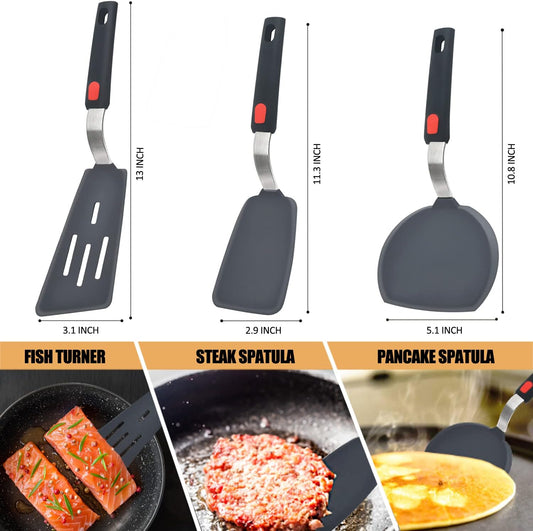 Silicone Spatula Turner Set of 3, Heat Resistant Cooking Spatulas for Nonstick Cookware, Large Flexible Kitchen  Rubber Spatula Set for Egg, Pancake, Fish, Burger