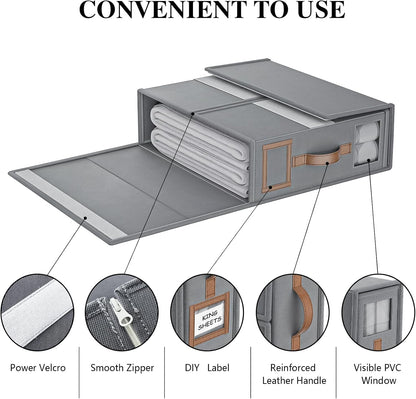 4 Pack Foldable Bed Sheets Set Organizers and Storage, Linen Fabric Closet Organizers with Window, Folding Bedding Storage Box for Bedsheets and Pillow Cube Organizer-Gray