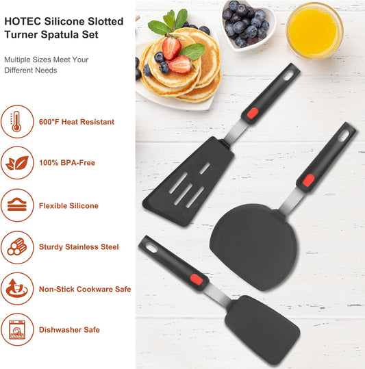 Silicone Spatula Turner Set of 3, Heat Resistant Cooking Spatulas for Nonstick Cookware, Large Flexible Kitchen  Rubber Spatula Set for Egg, Pancake, Fish, Burger