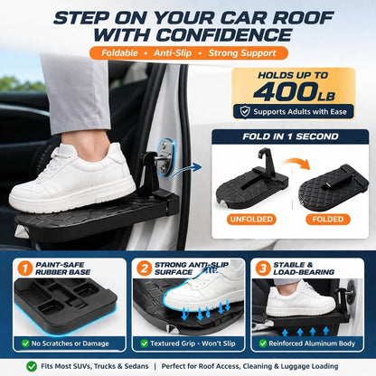 Car Door Step with Roof Rack Mount – Heavy Duty 400lb Capacity, Anti-Slip Foldable Aluminum Step for Cars, Trucks & SUVs – Easy Access for Roof Rack, Kayaks, Bikes – Universal Fit, Compact Storage
