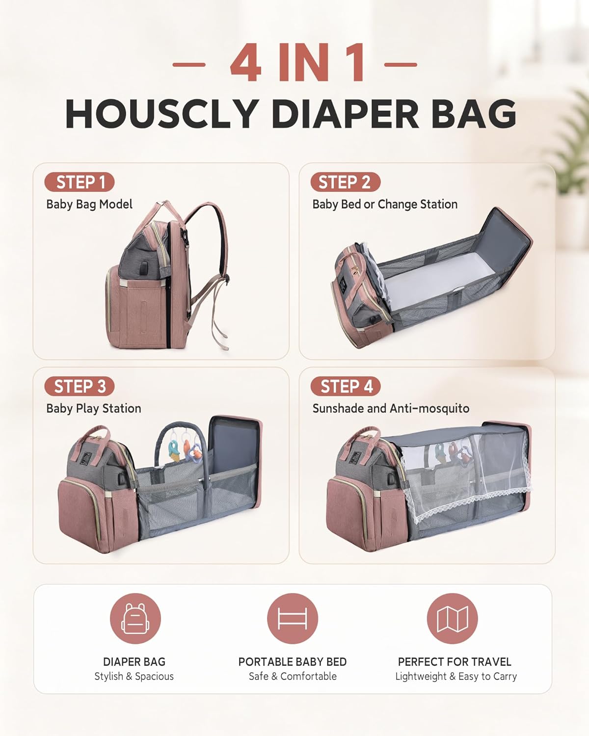 Diaper Bag Backpack with Changing Station: Pink Baby Bags for Girls Boys New Mom Gifts Pañaleras Para Bebe Baby Girl Newborn Essentials Must Haves Baby Shower Gifts Baby Registry