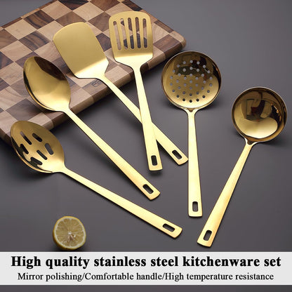 Gold Kitchen Utensils Set 6pcs, Titanium Gold Plating Stainless Steel Cooking Utensils Set, Kitchen Tools Spatulas Set, Cooking Spoons, Home Essentials Kitchen Gadgets Accessories