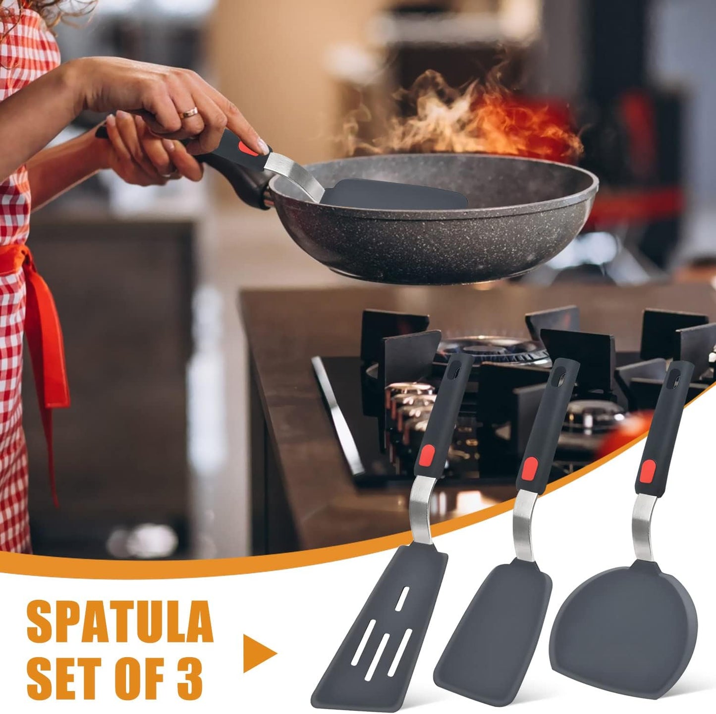 Silicone Spatula Turner Set of 3, Heat Resistant Cooking Spatulas for Nonstick Cookware, Large Flexible Kitchen  Rubber Spatula Set for Egg, Pancake, Fish, Burger