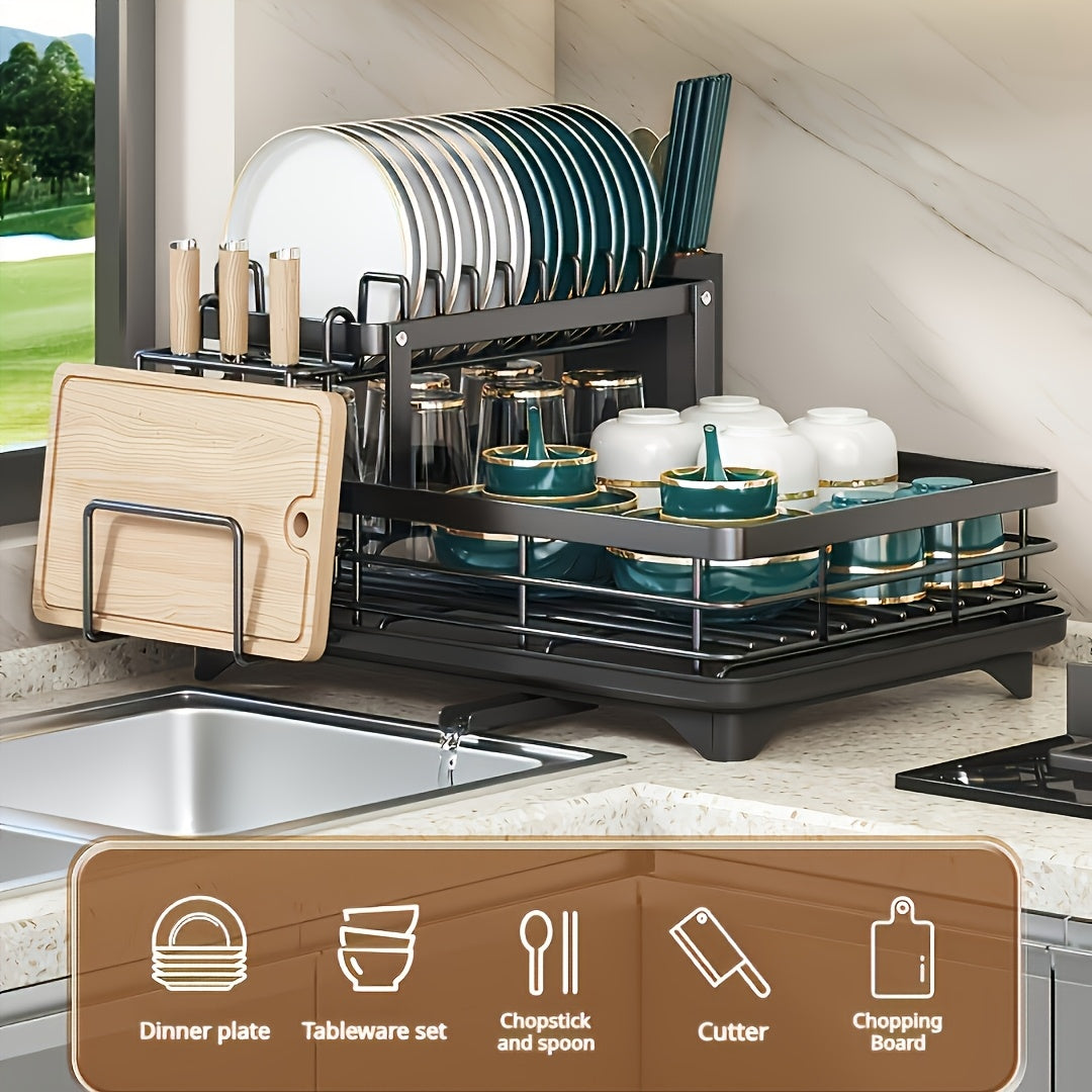 2-Tier Carbon Steel Dish Rack with Drainboard - Large Capacity Rust-Resistant Kitchen Organizer, Includes Utensil Holder & Cutting Board Storage - Black/ White for Home & Commercial Kitchens, Dish Drying Rack, Sleek Design, Sturdy Construction
