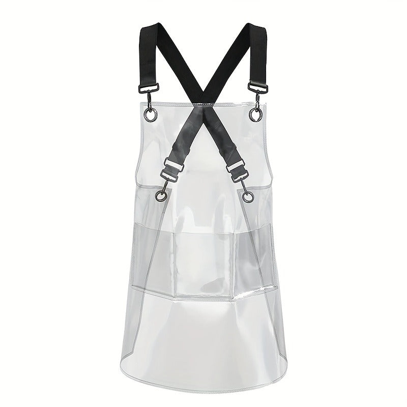 Clear Waterproof Apron Work Apron, Adjustable Cross Back Straps Multi-Pocket Heavy Duty Waterproof Oilproof, Clear PVC Vinyl & Brown Straps, for Car Washing Gardening Hair Stylist Barber Dishwashing