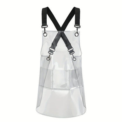 Clear Waterproof Apron Work Apron, Adjustable Cross Back Straps Multi-Pocket Heavy Duty Waterproof Oilproof, Clear PVC Vinyl & Brown Straps, for Car Washing Gardening Hair Stylist Barber Dishwashing