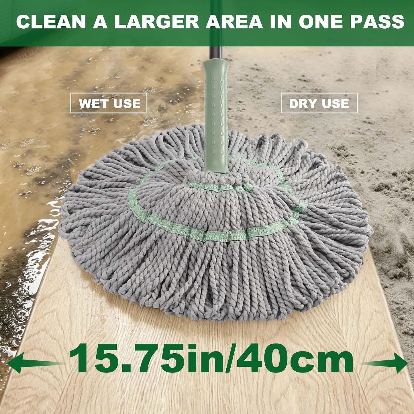 Self Wringing Mop for Floor Cleaning, Long Handled Twist Mop with Scouring Pad for Kitchen Hardwood Vinyl Tile Laminate Home Office