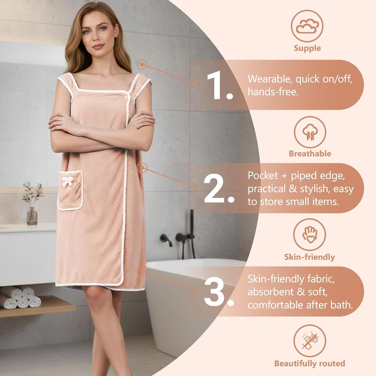 Bathrobes Wearable Quick-Dry Shower Wrap for Women Soft Absorbent Towel Dress with Pocket Adjustable Spa Bathrobe Travel-Friendly Bath Wrap