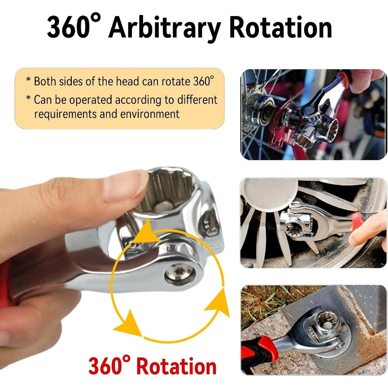 Universal Socket Wrench, 52-in-1 Multi Function 360 Degree Rotating Head (8mm-19mm Metric) Non-Magnetic Spline Socket, Red & Black Cr-V Steel, for Auto Car Repair Home Maintenance Mechanics