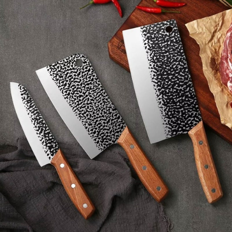 3PCS Butcher Knife and Kitchen Knife Set | Hand Forged Heavy Duty Meat Cleaver, Stainless Steel, Meat Knife, Geat for Home, Camping, BBQ