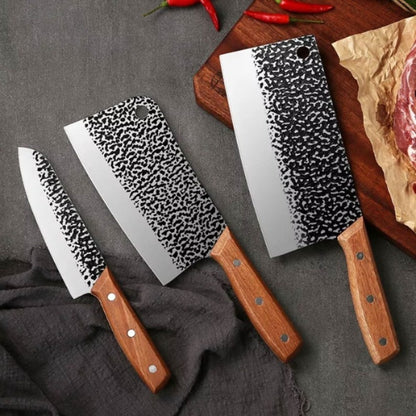 3PCS Butcher Knife and Kitchen Knife Set | Hand Forged Heavy Duty Meat Cleaver, Stainless Steel, Meat Knife, Geat for Home, Camping, BBQ