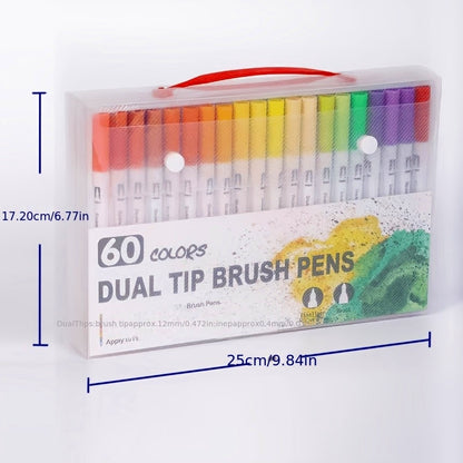 Watercolour Brush Pens Art Markers, 60 Colours Dual Tip (Brush & Fine Tip) Set with Carry Case Non-Toxic Water-Based, 60 Colours Plastic Pens, for Adult Colouring Books Calligraphy Scrapbooking Drawing Beginners