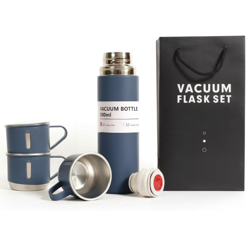 Flask Gift Set, Stainless Steel Insulated Water Bottle w/ 3 Cups, Hot & Cold Drinks Coffee Thermo Water Bottle, Reusable Thermal Cup for Outdoor Camping Travel, Termos para Agua Fria, 17oz