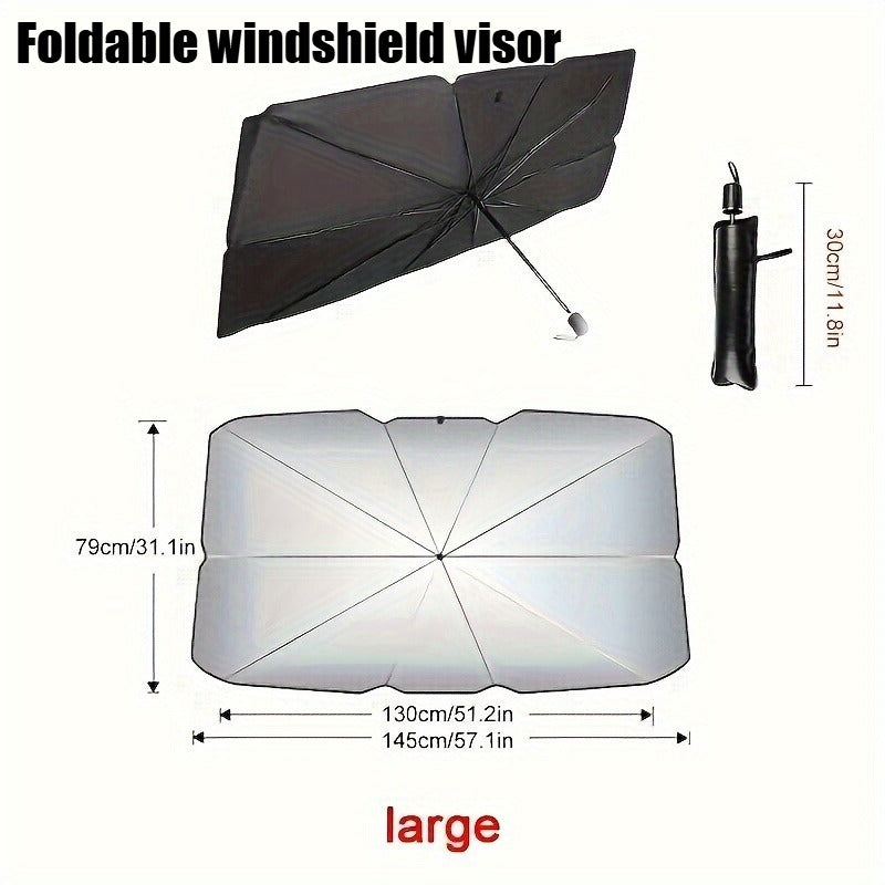 Car Windscreen Sun Shade Umbrella, Large Size 99% UV Ray Heat Blocking Foldable Sun Visor Shield with Pouch, Titanium Silver Coating Metal, for Car Front Window SUV Van Owners