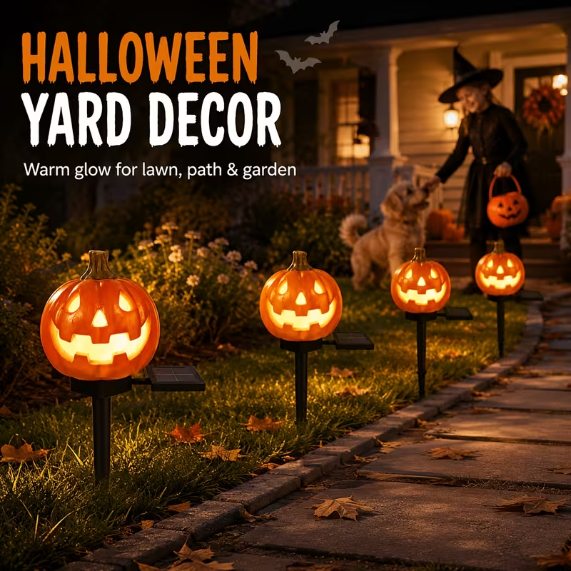 Solar Pumpkin Lights, 3 & 6 Pack 15.5"*3.15" Halloween Pathway Stake Lights Waterproof Solar Powered Jack-O'-Lantern, Orange & Black Plastic, for Outdoor Lawn Yard Garden Spooky Decor