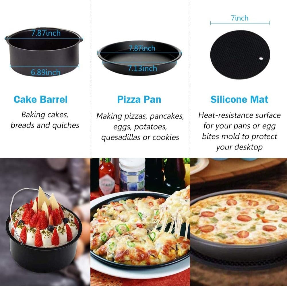 8 Inch Air Fryer Accessories Set of 8 for 3.5Qt-5.8Qt Phillips Nuwave Gowise Gourmia Ninja Dash Air Fryer, with Egg Bites Mold, Pizza Pan, Cake Barrel, Skewer Rack, Silicone Mat, Air Fryer Liners