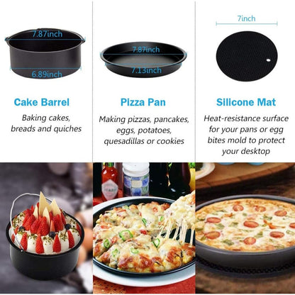 8 Inch Air Fryer Accessories Set of 8 for 3.5Qt-5.8Qt Phillips Nuwave Gowise Gourmia Ninja Dash Air Fryer, with Egg Bites Mold, Pizza Pan, Cake Barrel, Skewer Rack, Silicone Mat, Air Fryer Liners