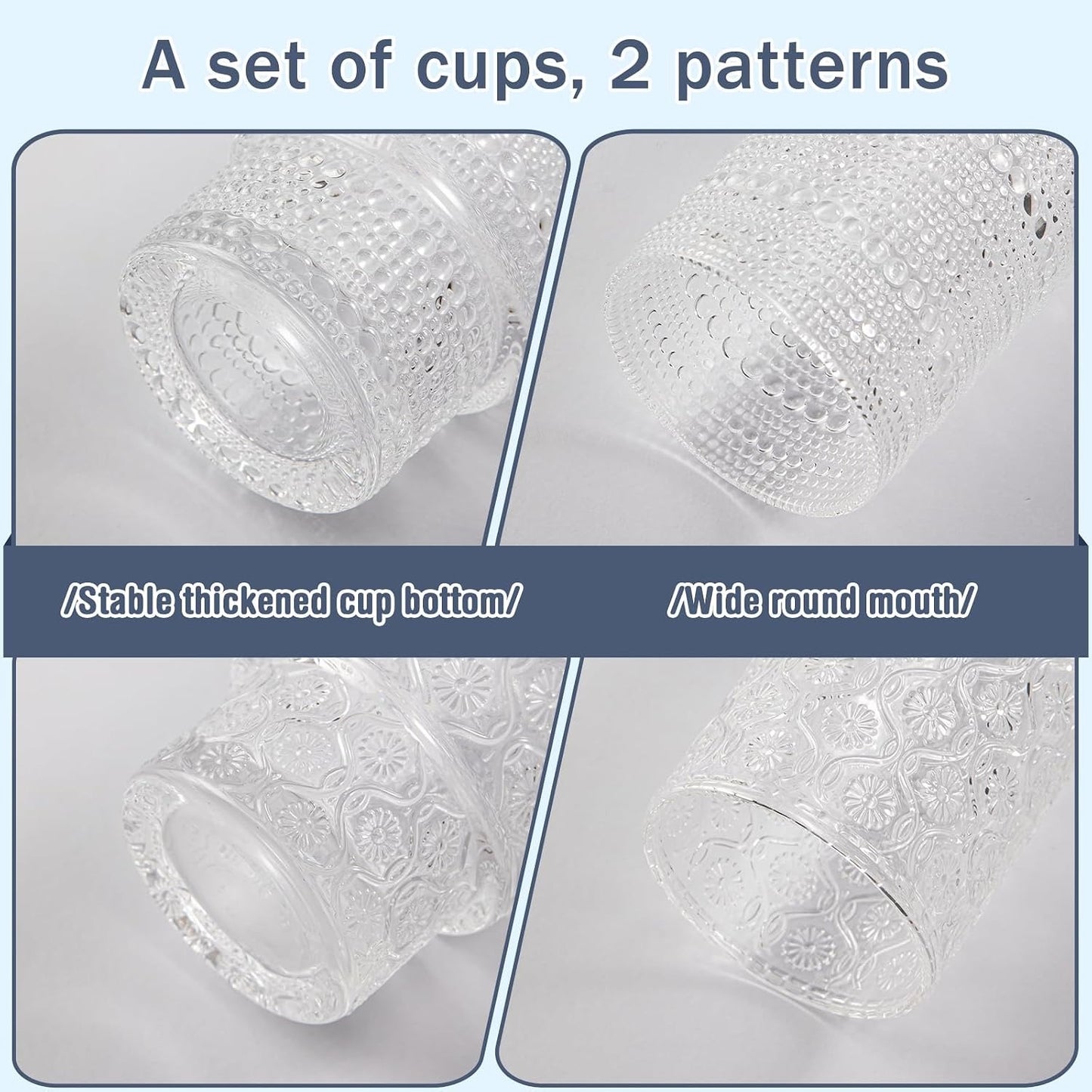 Drinking Glasses Set of 4, Textured Flower Design Cocktail Glasses, Stackable Old Fashioned Glass Cups, Vintage Glassware for a baby Shower Wedding for Kitchen and Bar - Dishwasher Clear