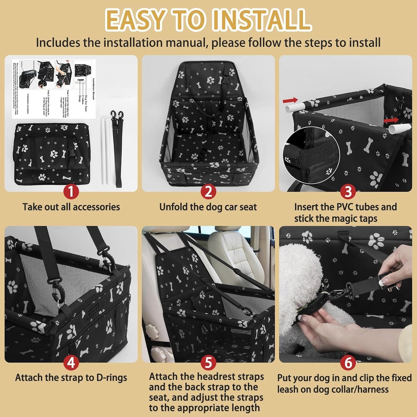 Dog Car Seat, Foldable Dog Car Booster Seat Waterproof Breathable Oxford Travel Bag for Small to Medium Dogs, Puppies, and Pets-Pattern Black