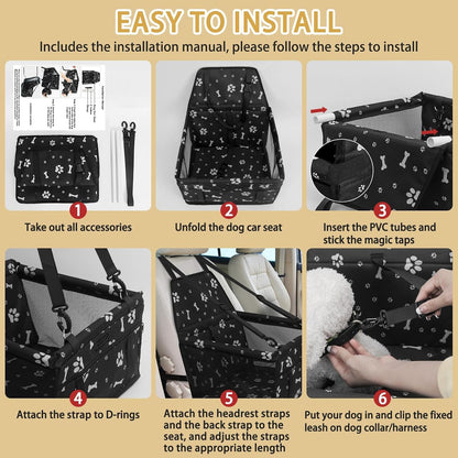 Dog Car Seat, Foldable Dog Car Booster Seat Waterproof Breathable Oxford Travel Bag for Small to Medium Dogs, Puppies, and Pets-Pattern Black