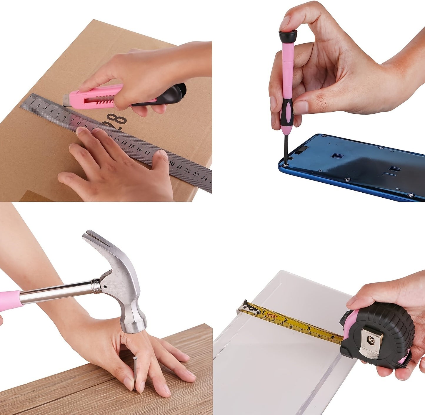 39-piece Pink Tool Set | Includes screwdriver, pantry knife, scissors, measuring tape, hammer, Allen wrench, and pliers | Suitable for home, garage, garden, office, and college dormitories | Ideal for women