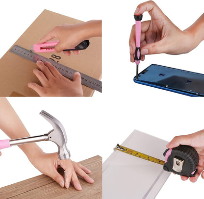 39-piece Pink Tool Set | Includes screwdriver, pantry knife, scissors, measuring tape, hammer, Allen wrench, and pliers | Suitable for home, garage, garden, office, and college dormitories | Ideal for women